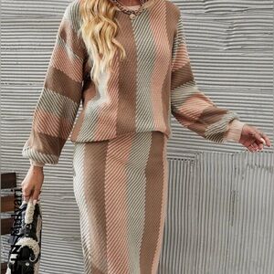 EUC Striped Pattern Sweater & Knit Skirt